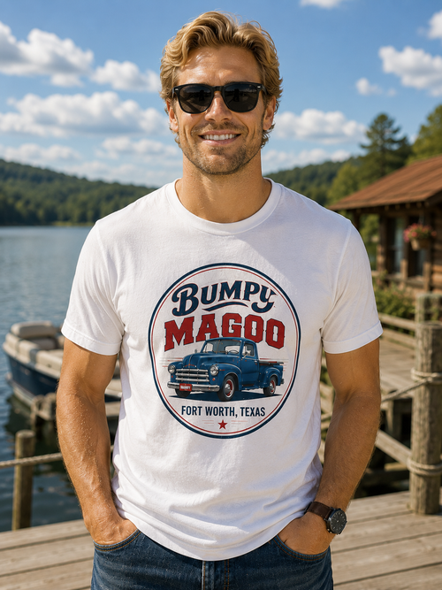 Bumpy Magoo Fort Worth Tee - white with full-color vintage navy truck graphic, modeled lakeside